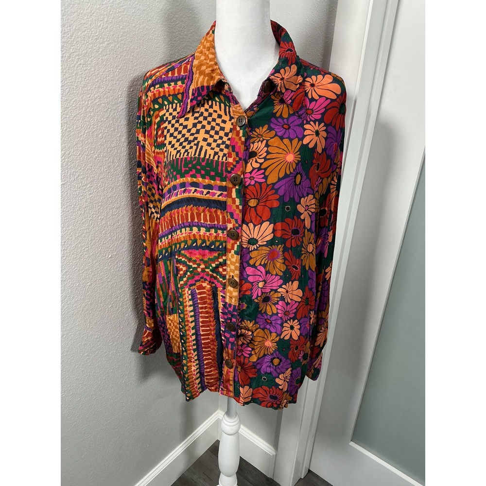 Farm Rio Mixed Print Patchwork Floral Button Down Size M